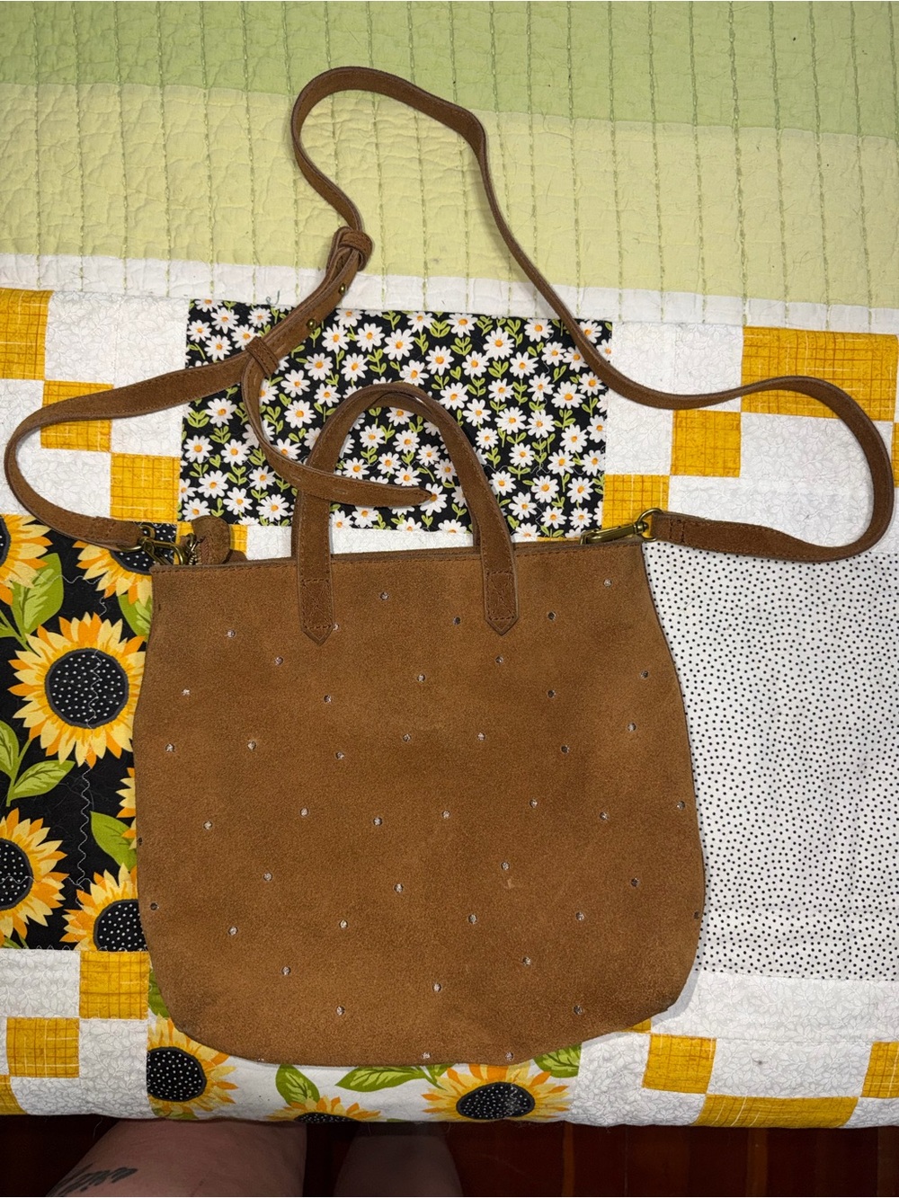 Madewell Tan Suede Zip Small Transport Crossbody Metallic Embroidered Polka Dot